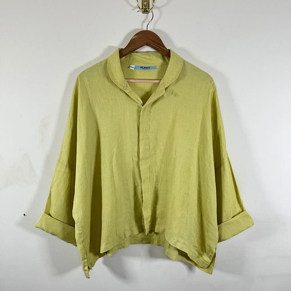 Planet By Lauren G Linen Chartreuse Green Signature Shirt Lagenlook USA Made OS - Picture 1 of 8